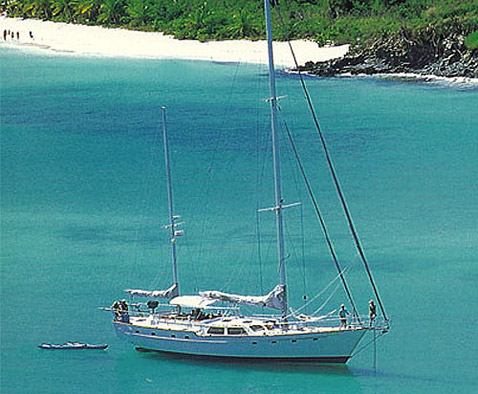 IRIE anchored in White Bay, Jost Van Dyke, BVI in 1998 with Joe and Lynne at the bow